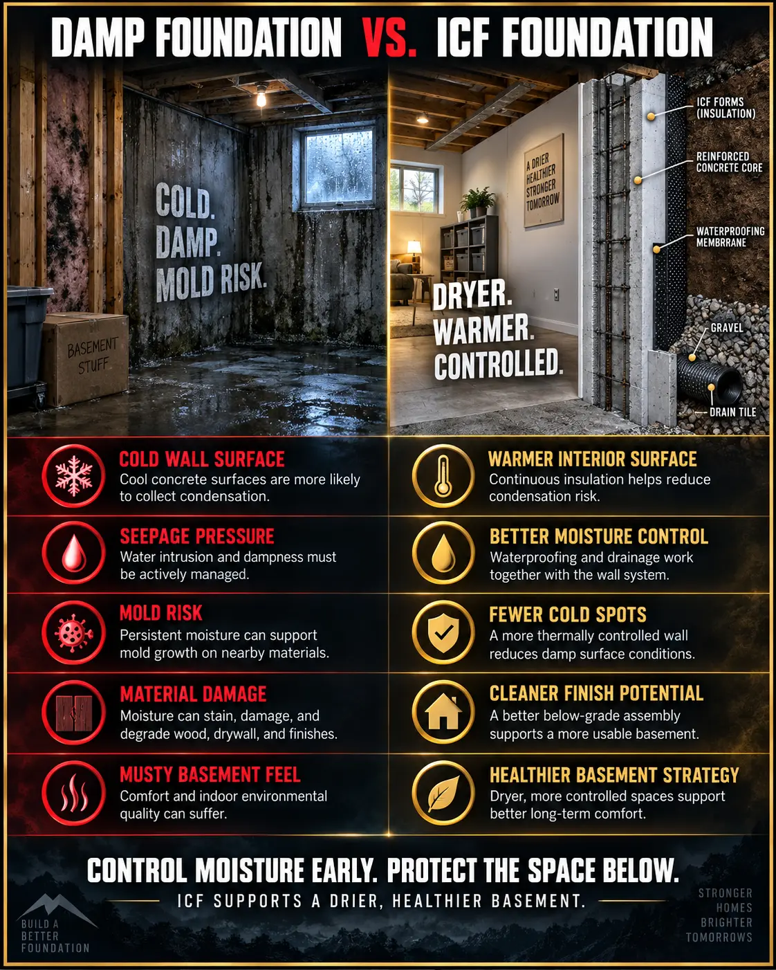 Damp basement and ICF foundation comparison graphic.
