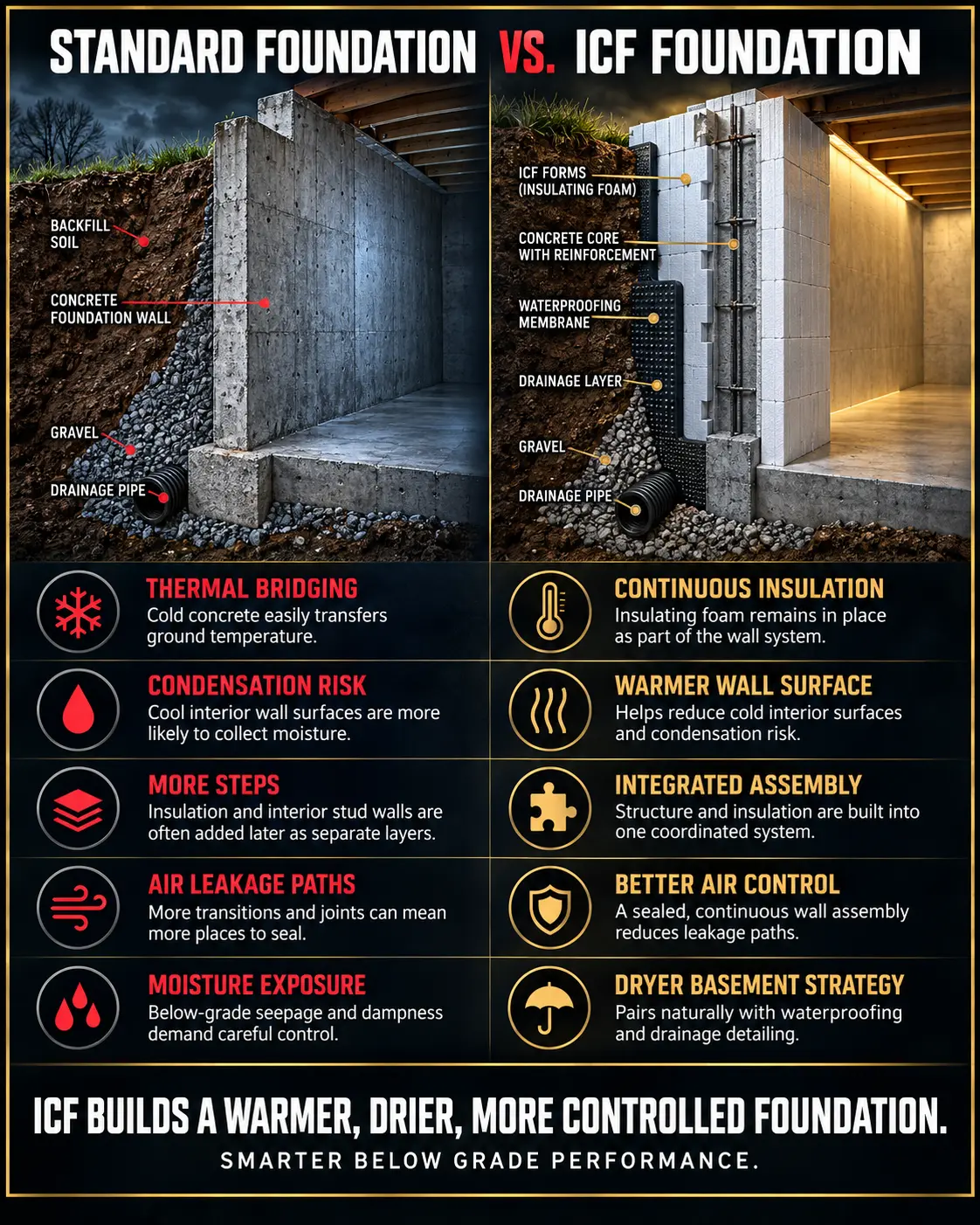 Standard foundation and ICF foundation comparison graphic.
