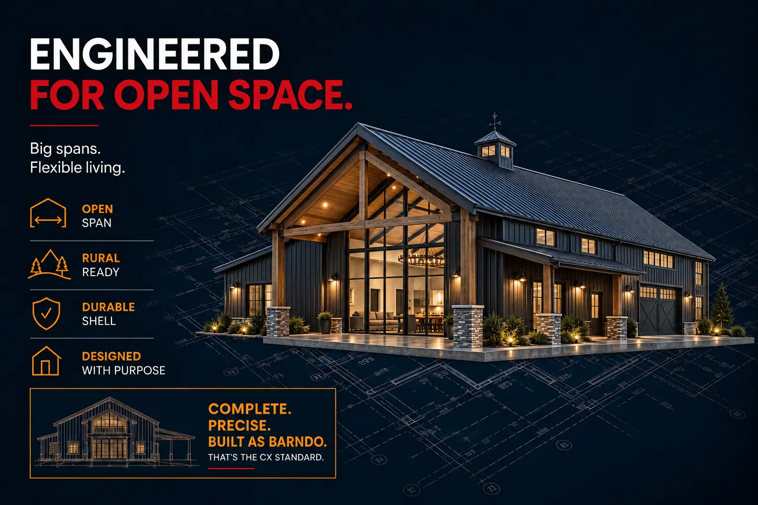 Barndominium style home advantage hero visual.