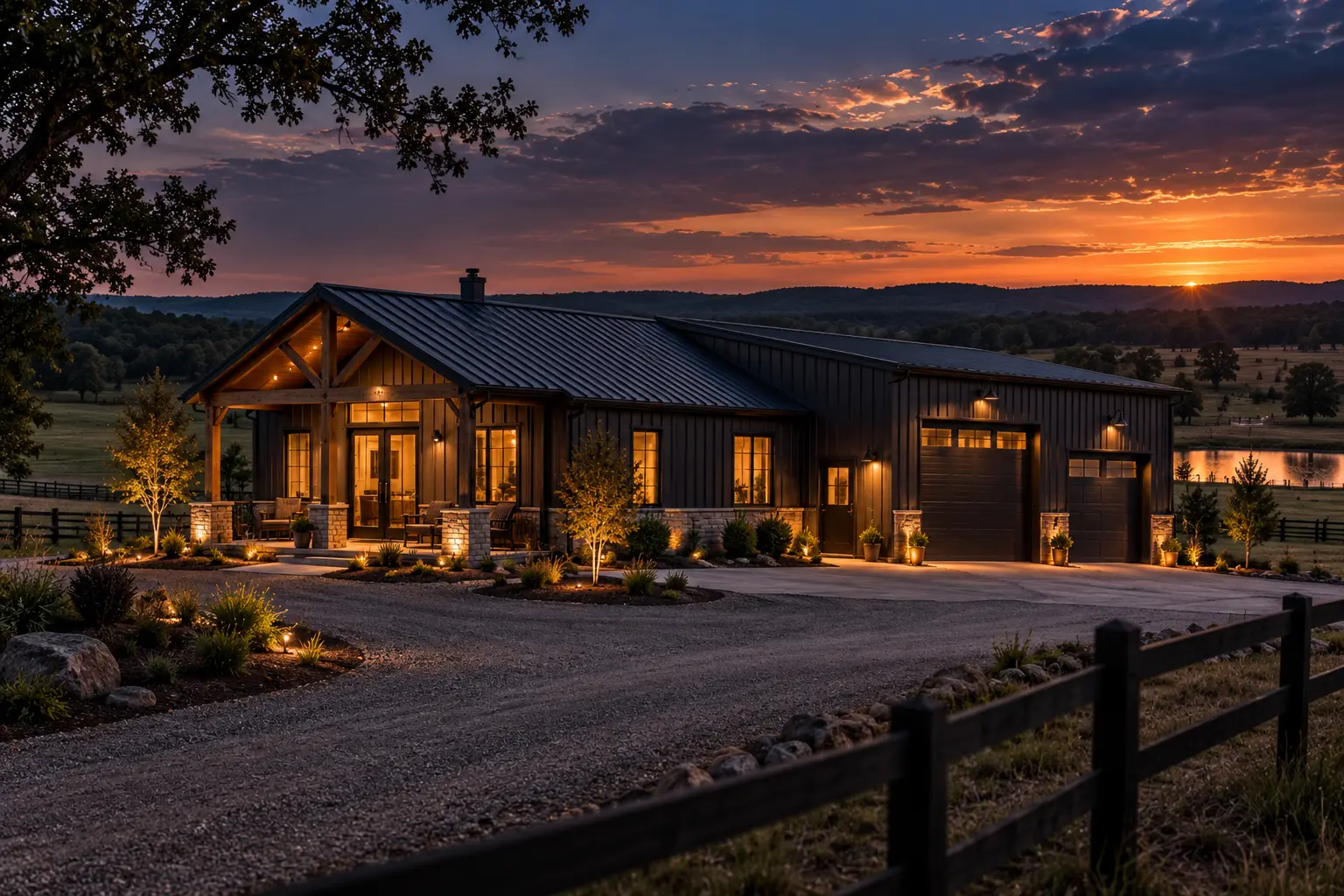 Compact acreage barndo with a practical garage, sheltered entrance, and gravel driveway.