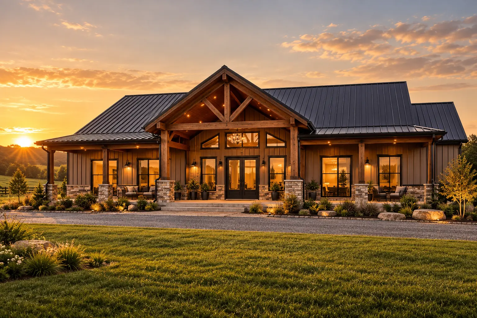 Ranch style barndo with a timber porch, broad metal roof, and residential living spaces.