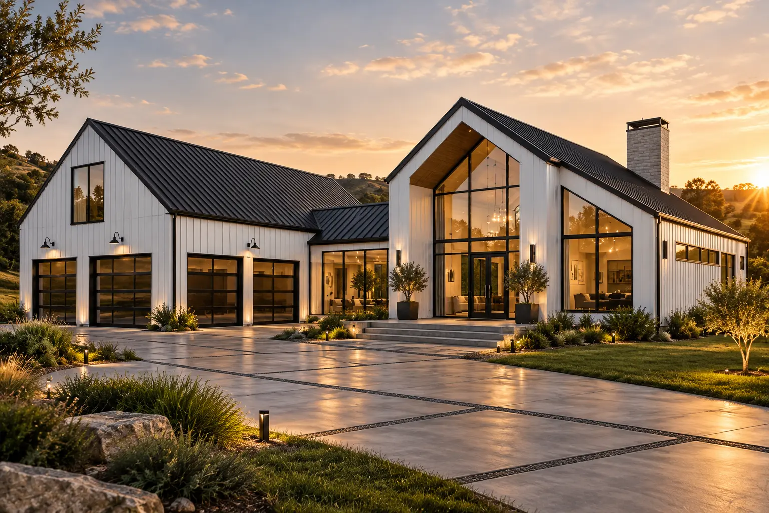 Contemporary white barndo with glazed gables, clean metal siding, and integrated garage space.