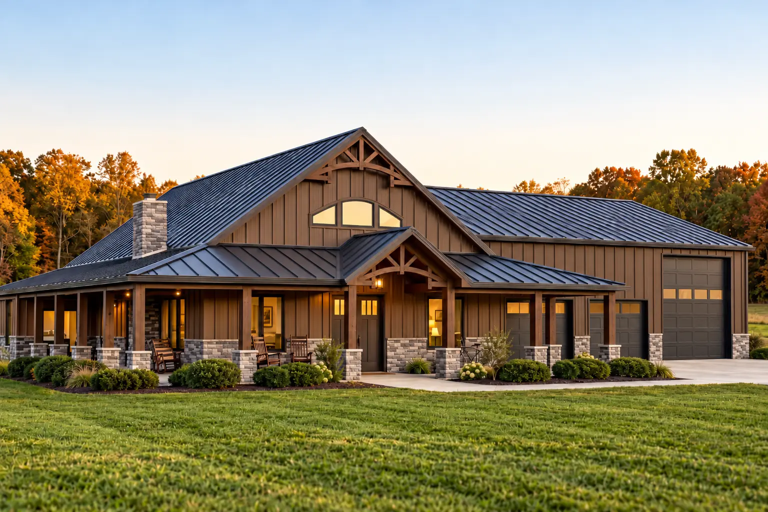 Large custom barndo combining generous residential volume, a garage wing, and covered outdoor living.