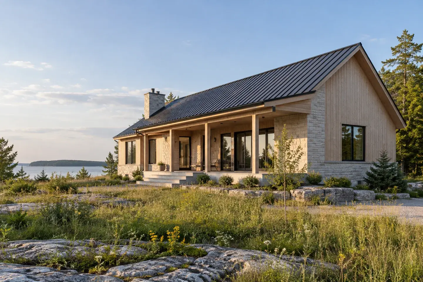Concept illustration of a restrained rural island home with a long gabled roof and meadow setting.