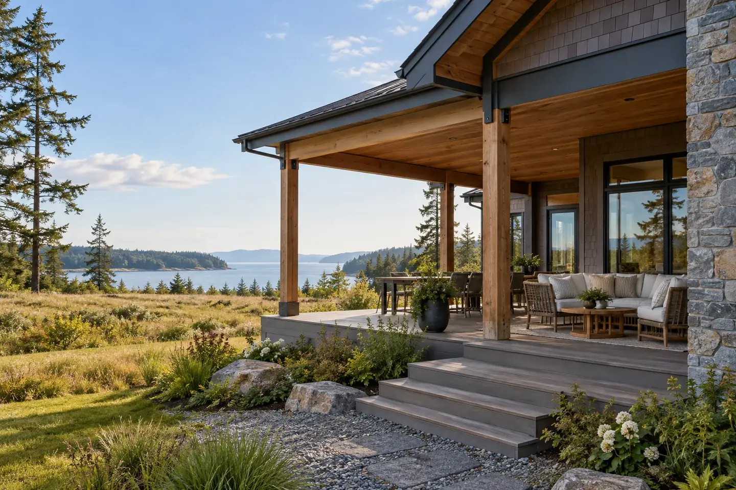 Concept illustration of an island home's sheltered porch overlooking an open meadow and distant water.