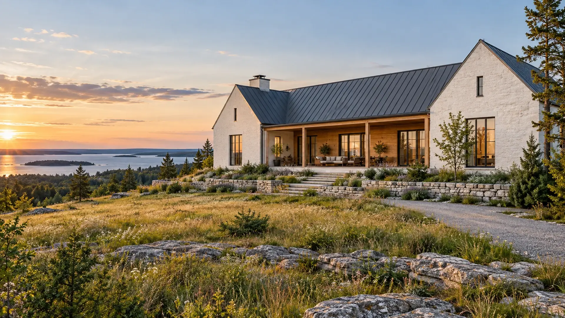 Concept illustration of a white masonry custom home with a recessed timber veranda above an island meadow and distant water.