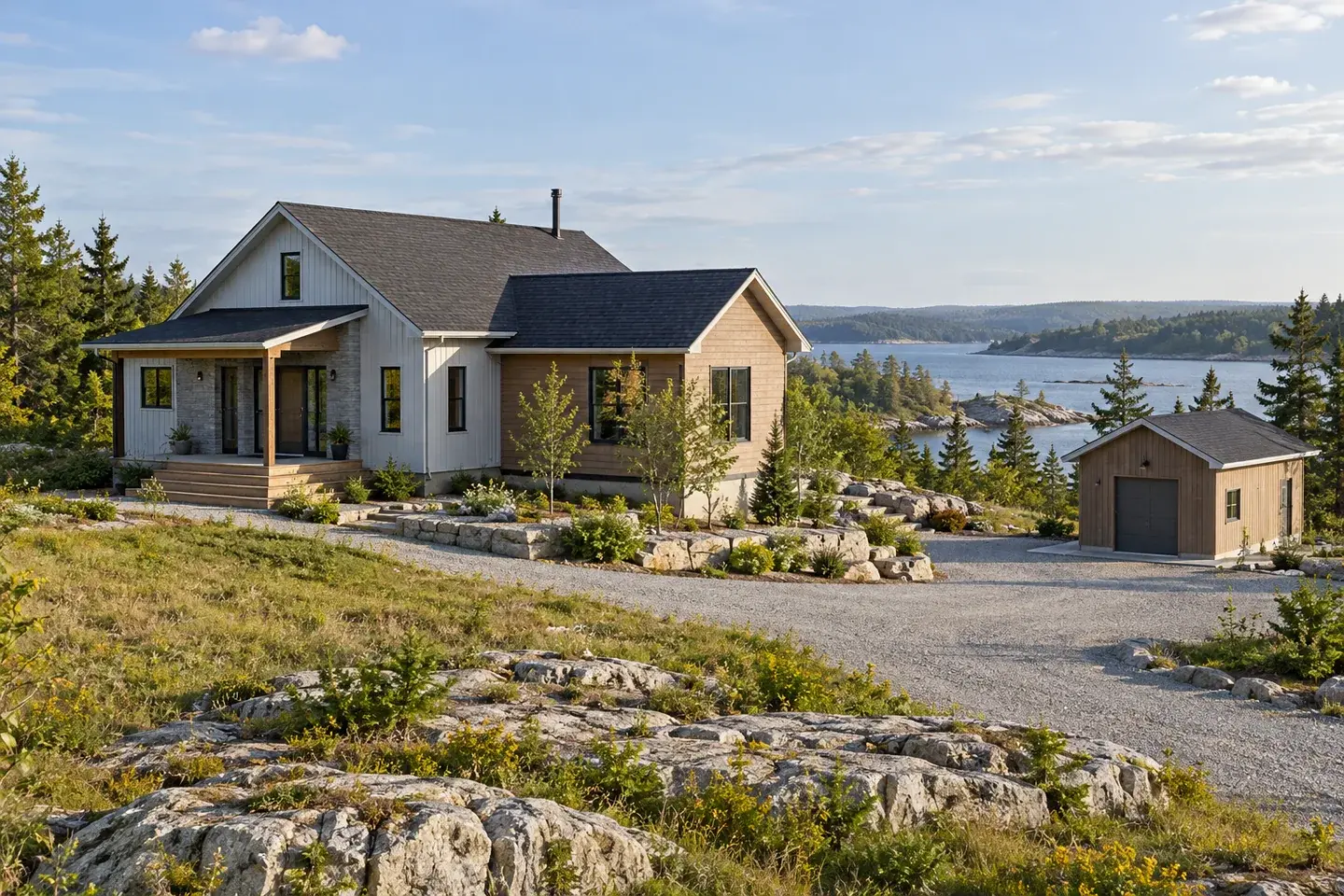 Concept illustration of an island home addition with an outbuilding and practical gravel approach.