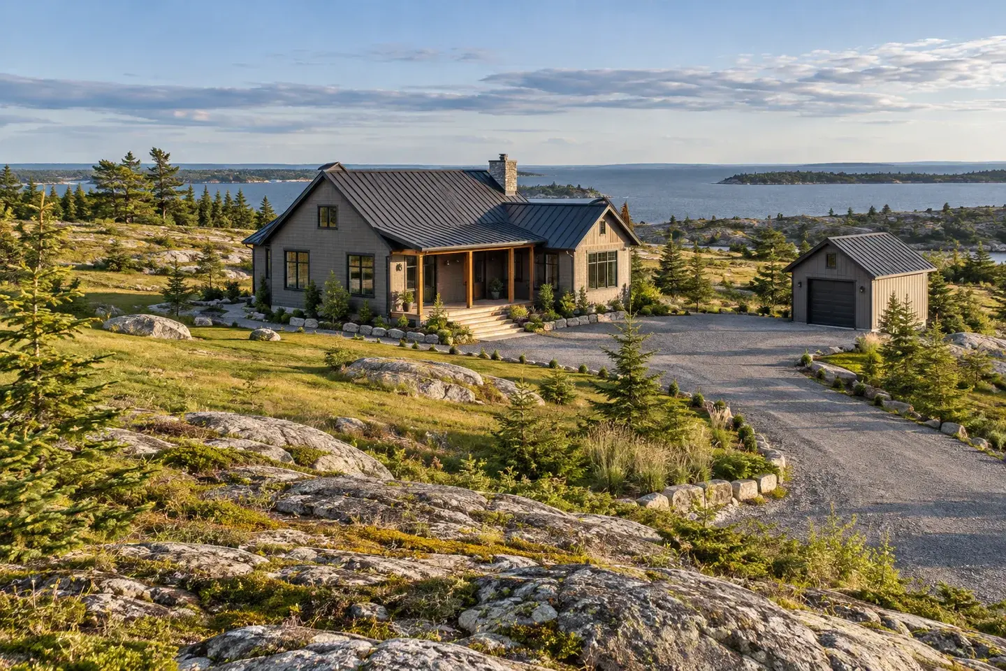 Concept illustration of rural island acreage with a modest home, utility outbuilding, and gravel access.