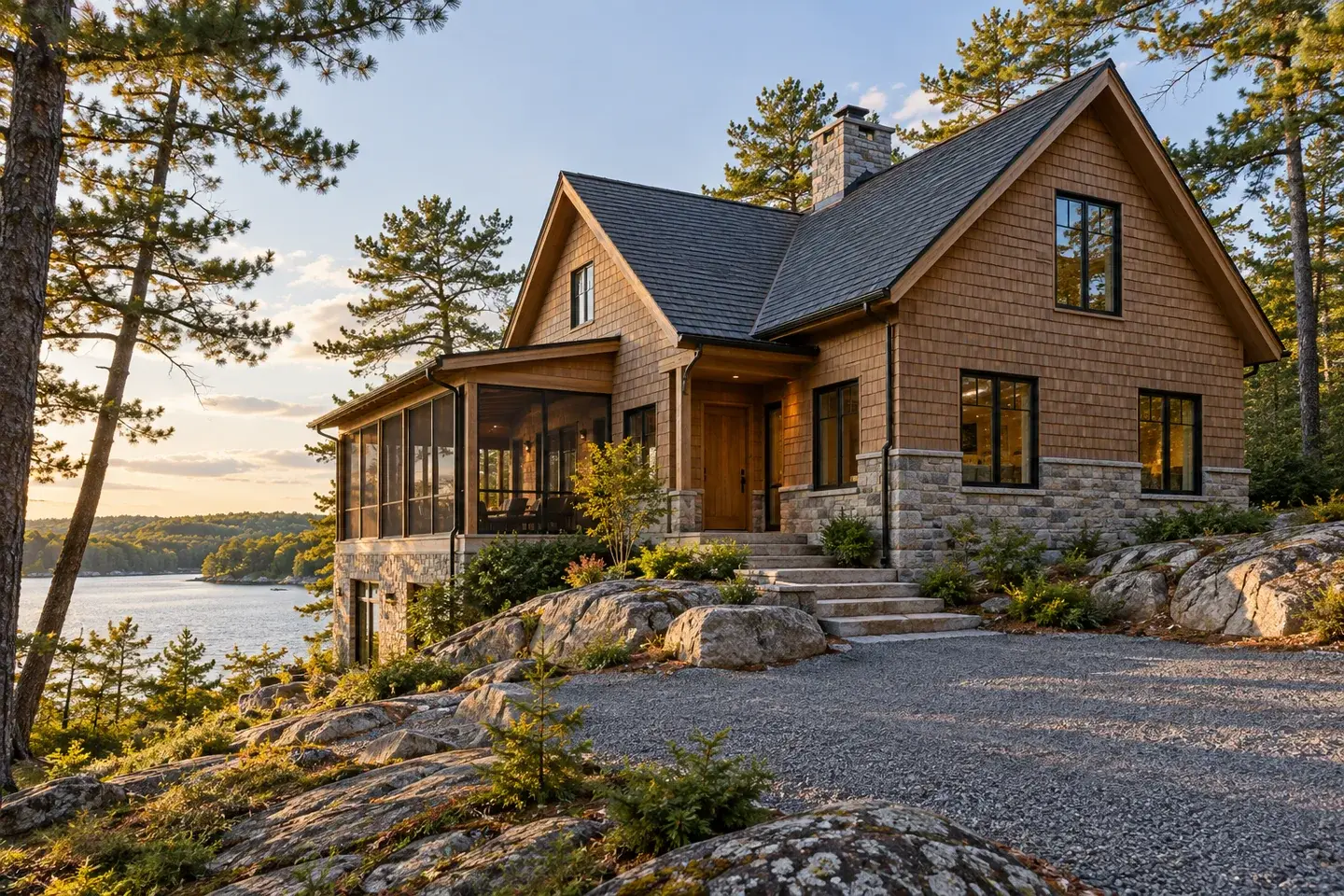 Concept illustration of a cedar shingle Muskoka cottage with a sheltered porch above shield rock.