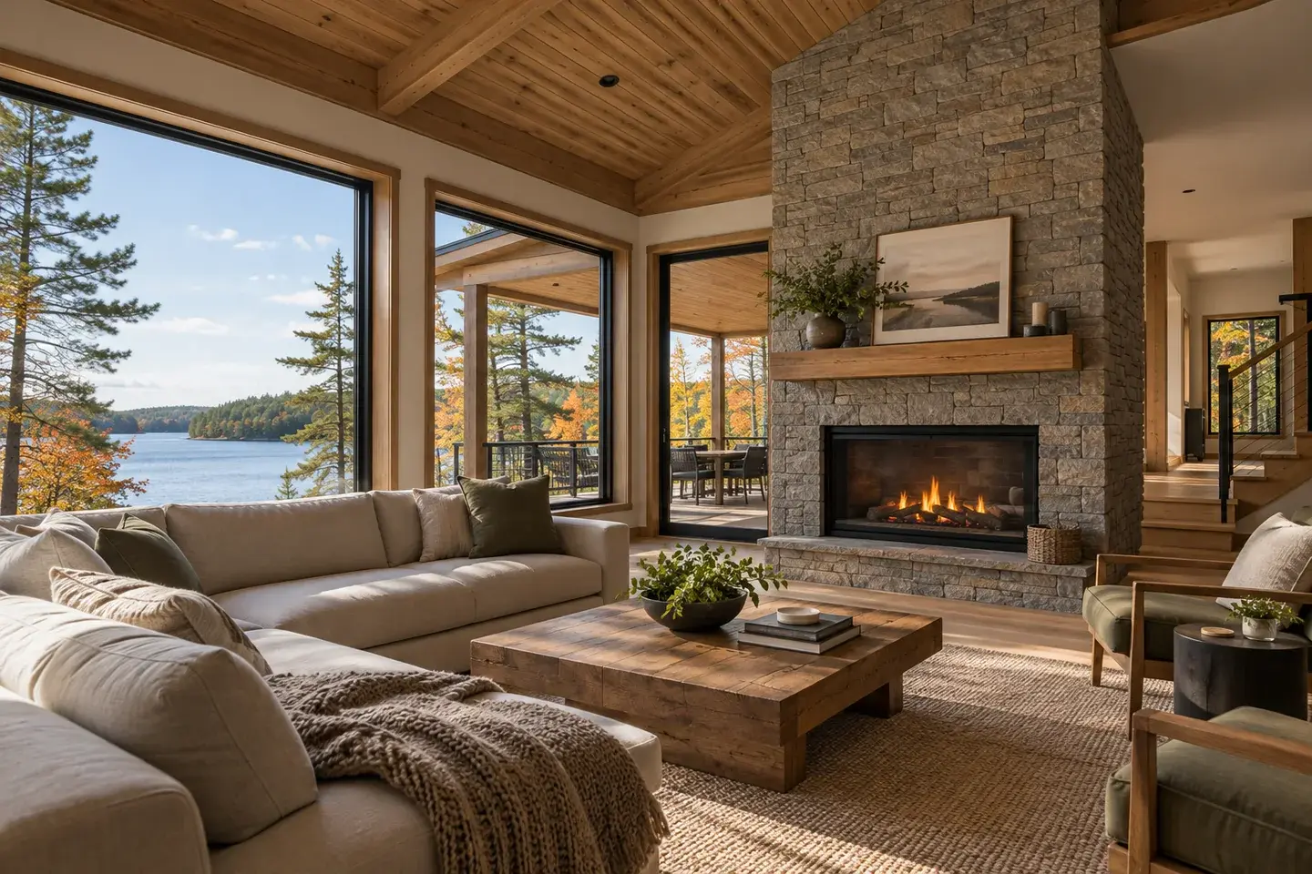 Concept illustration of a cottage living room with a timber ceiling, stone fireplace, and lake views.