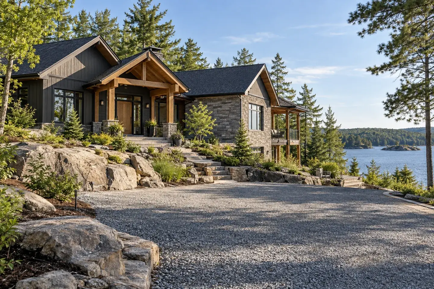 Concept illustration of a Muskoka cottage arrival court with rock terraces and gravel turning space.