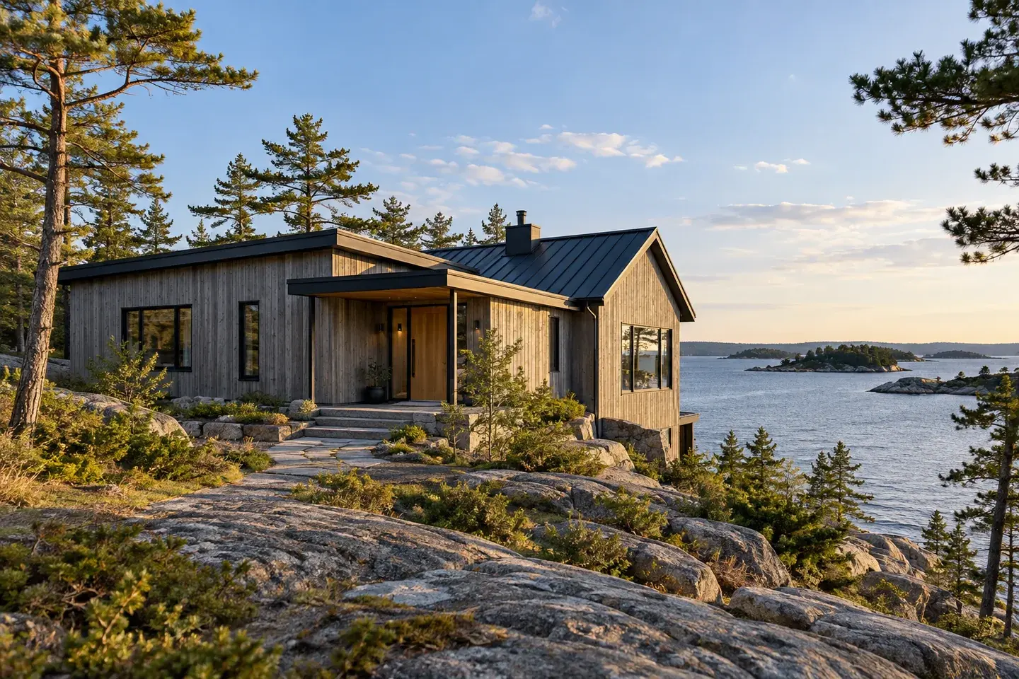 Concept illustration of a low cedar home on Georgian Bay rock with a protected entry.