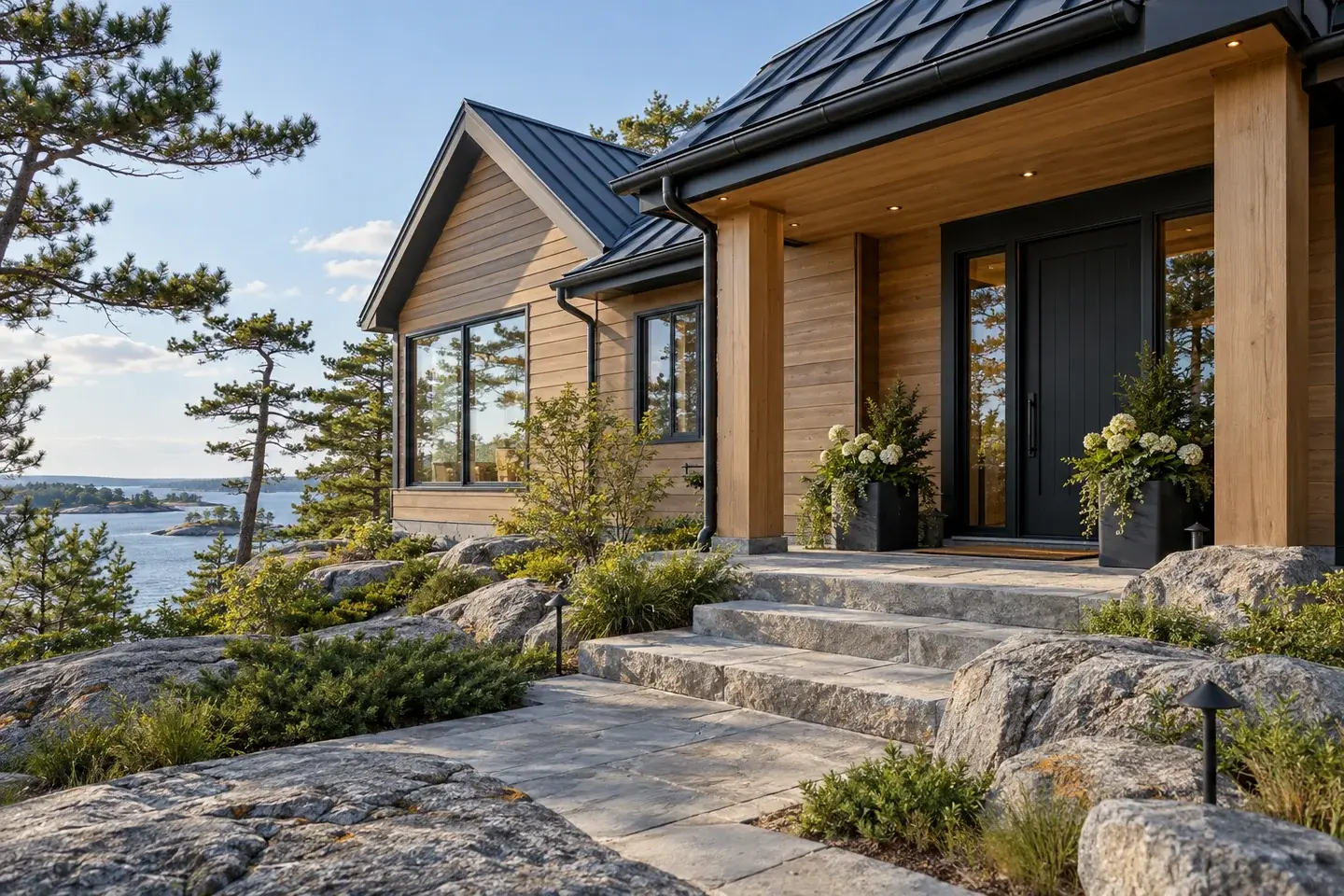 Concept illustration of a Georgian Bay home's sheltered entrance with metal roofing and durable cedar cladding.