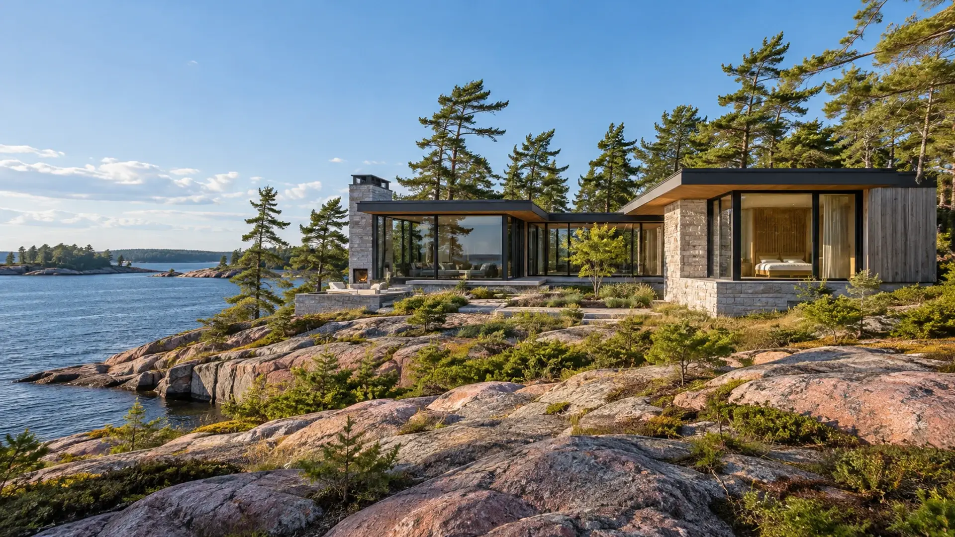 Concept illustration of a low cedar and stone custom home above Georgian Bay granite and windswept pines.