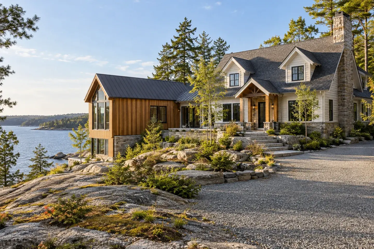 Concept illustration of a Georgian Bay home addition with coordinated exterior levels and gravel access.
