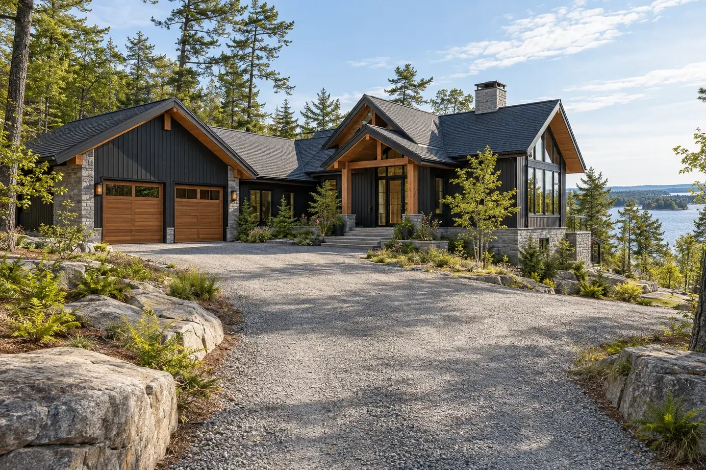 Concept illustration of a wooded Georgian Bay home approached by a wide gravel drive.