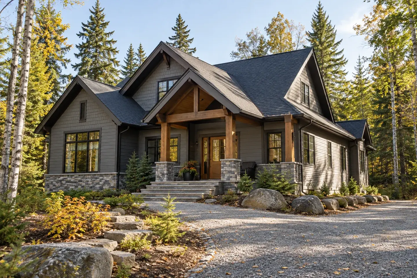 Concept illustration of a gabled family home on a wooded Great Lakes residential property.