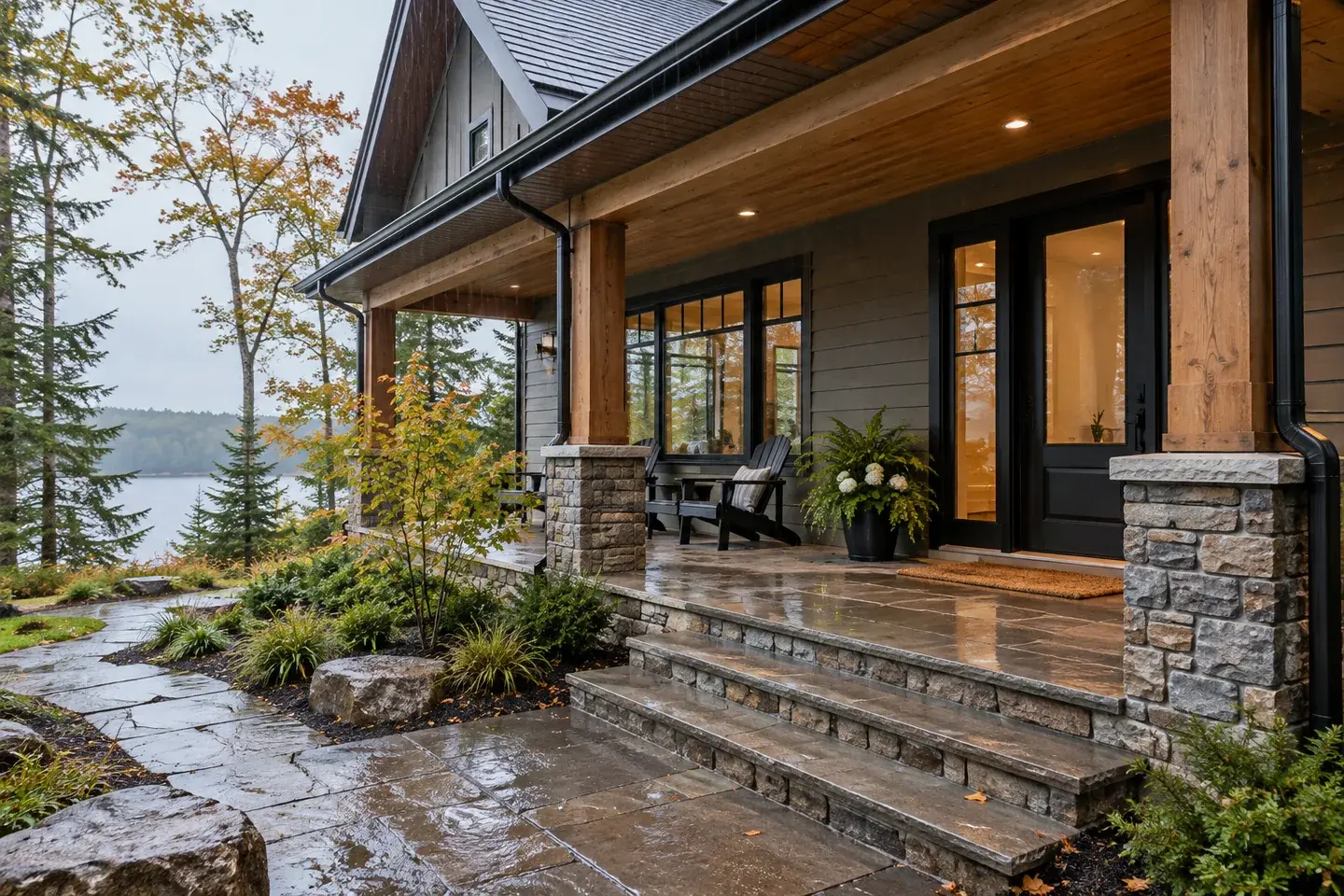 Concept illustration of a Great Lakes home's covered porch and protected threshold in light rain.