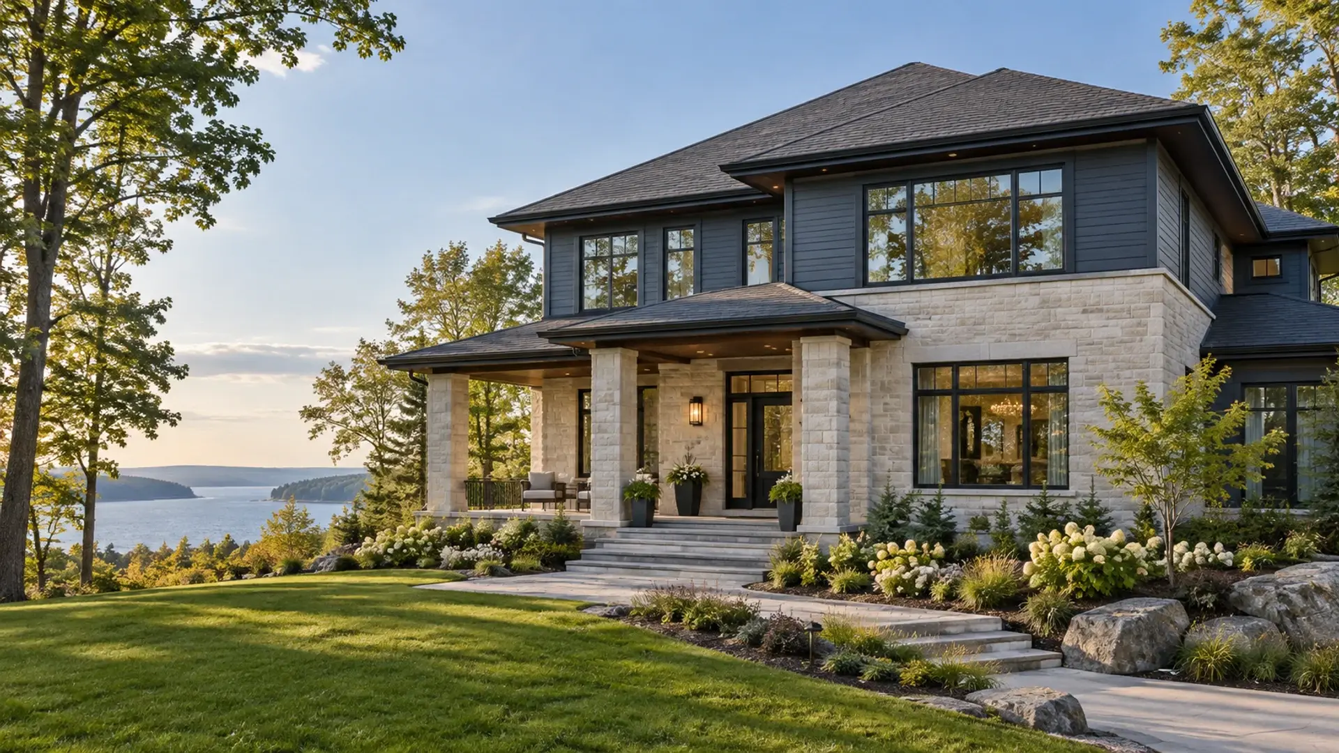 Concept illustration of a limestone and blue gray custom home with a sheltered veranda in a Great Lakes setting.