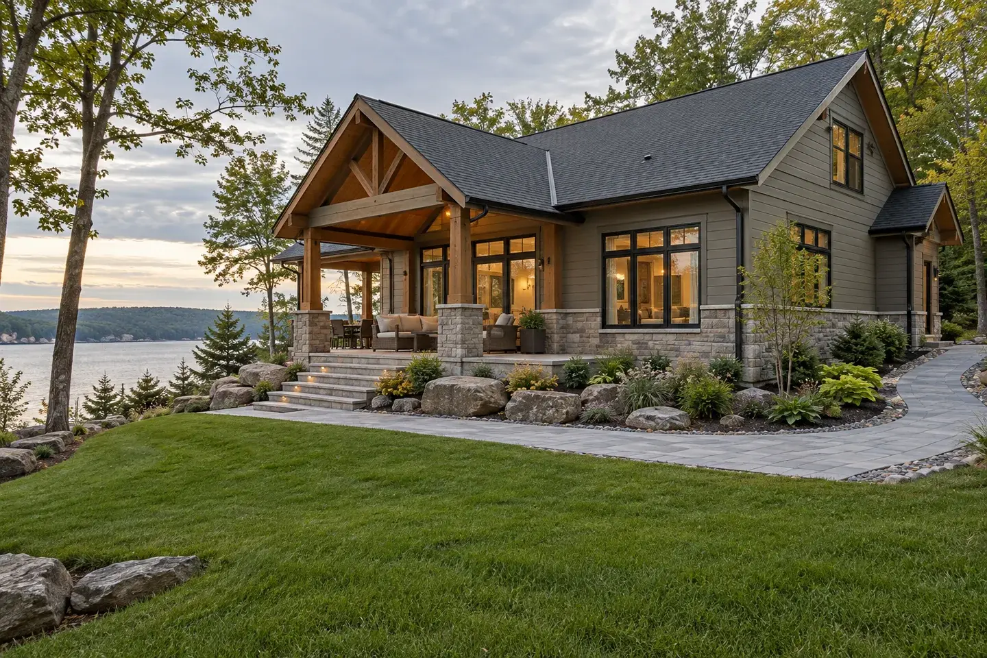 Concept illustration of a Great Lakes home with a sheltered addition and completed terrace and landscaping.