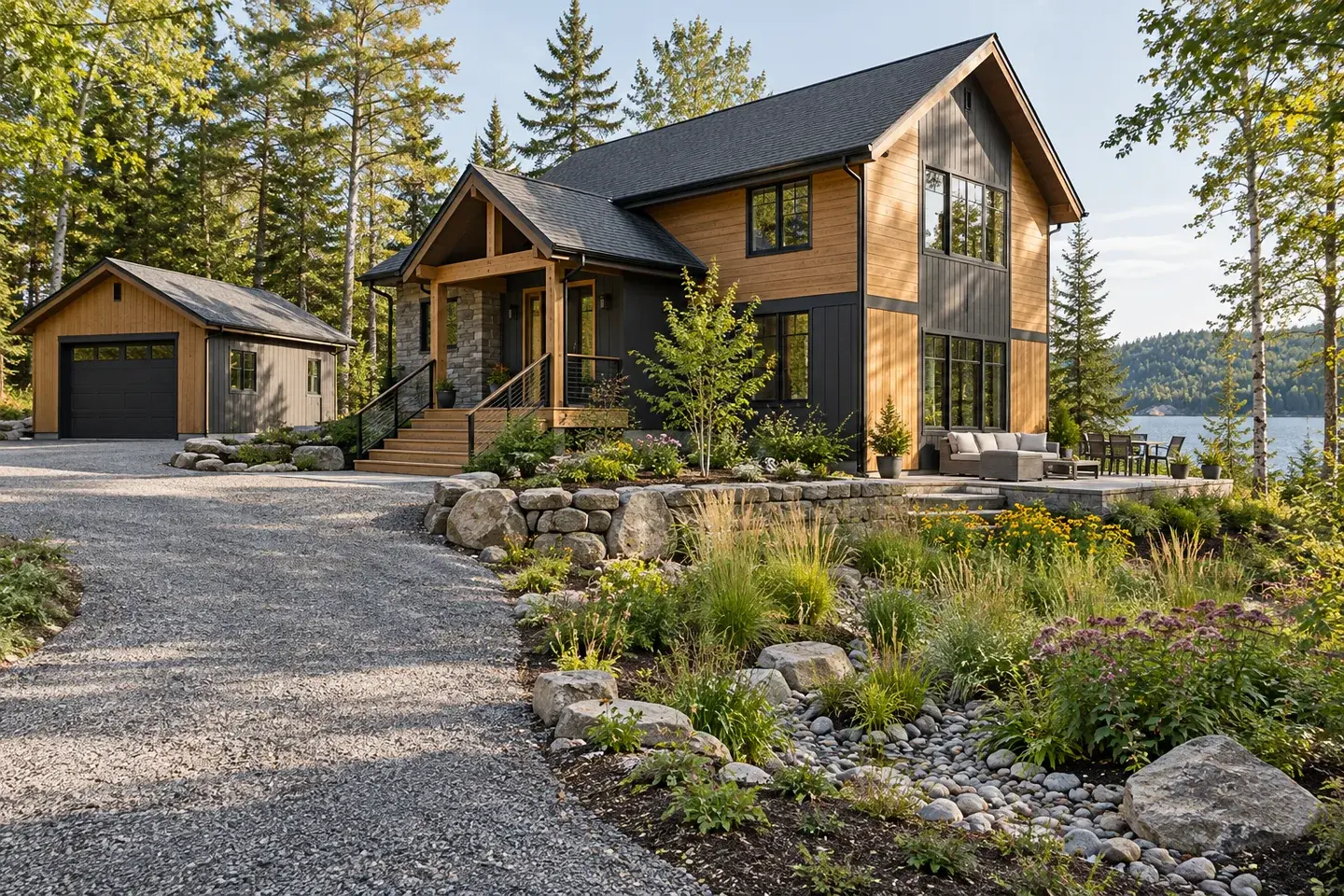 Concept illustration of a wooded Great Lakes home with finished access, drainage planting, and a detached garage.