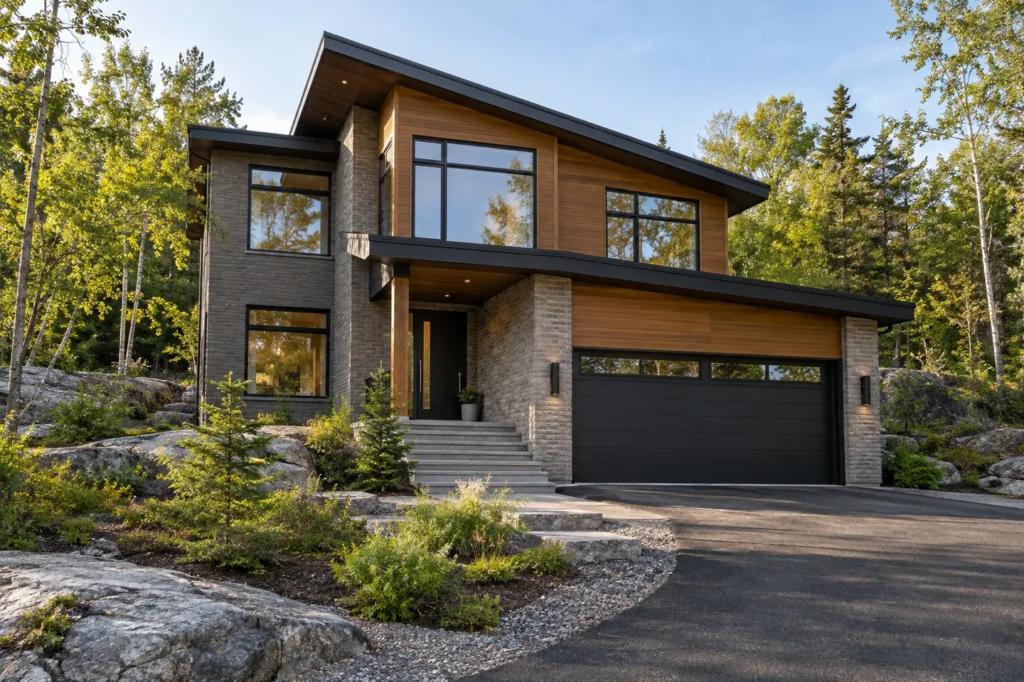 Concept illustration of a contemporary northern home on a rocky wooded Sudbury area lot.