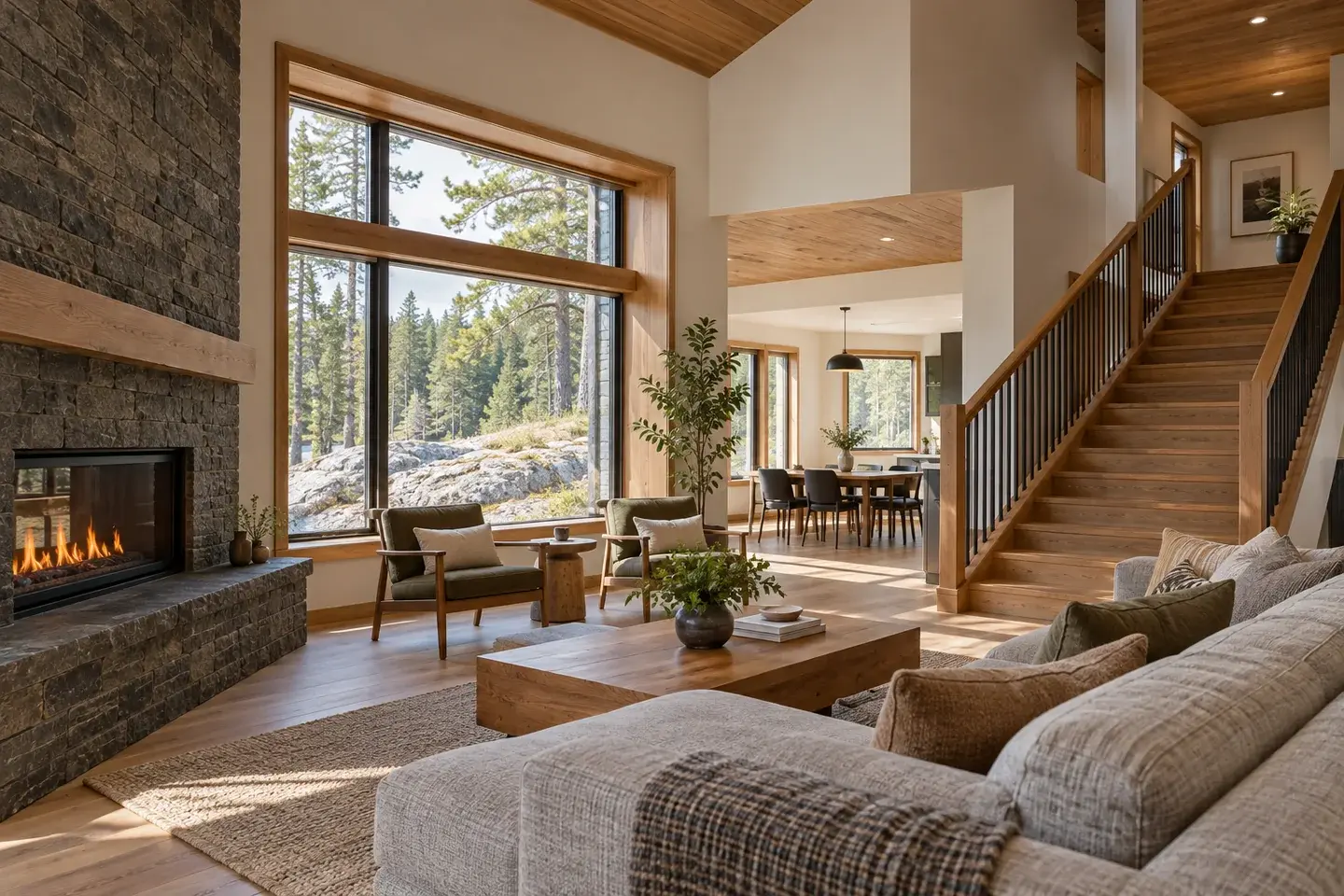 Concept illustration of a northern home's living room and timber stair overlooking rocky woodland.