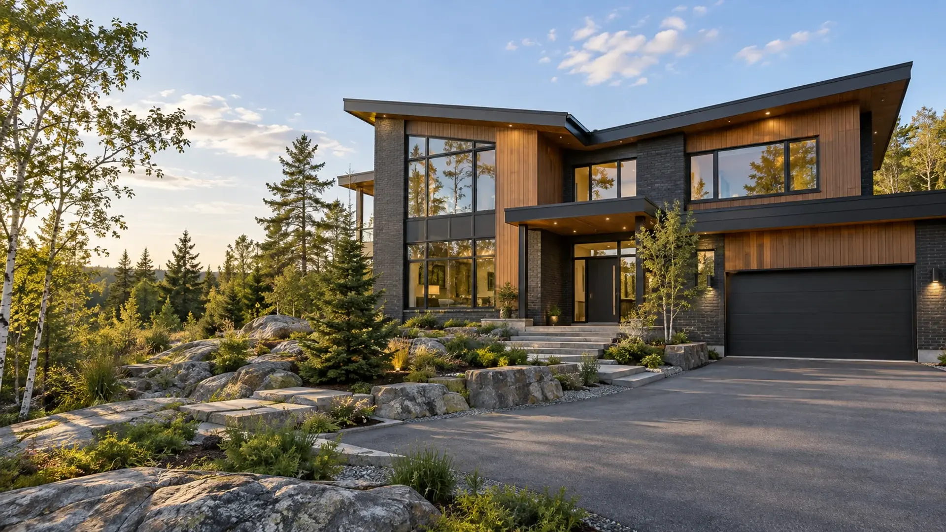 Concept illustration of a contemporary brick and timber custom home on a rocky wooded Sudbury area lot.