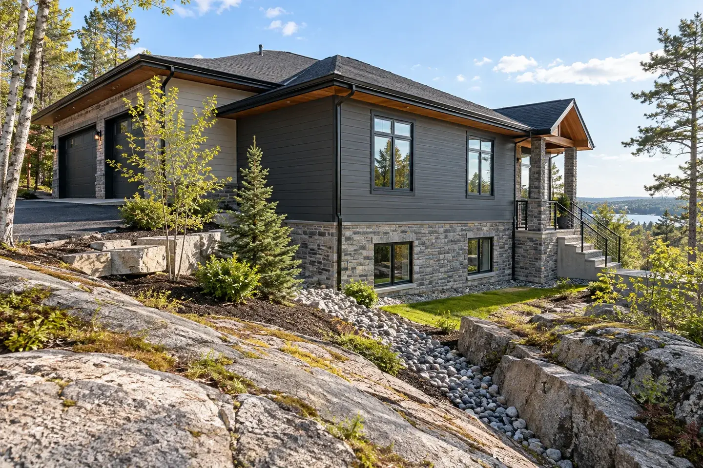 Concept illustration of a Sudbury area home's lower level beside a rock slope and drainage swale.