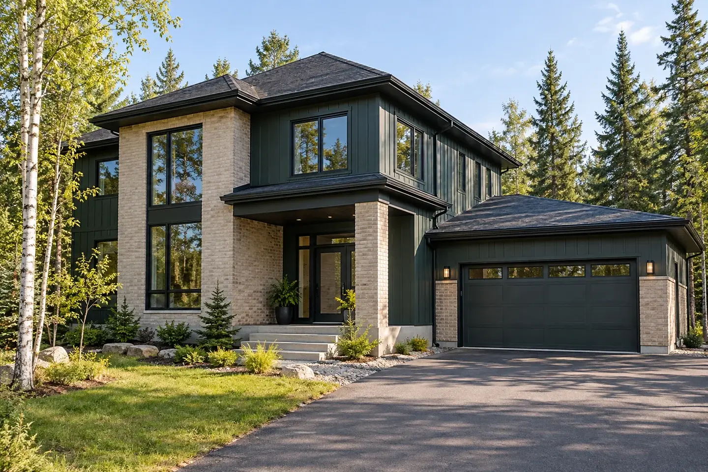 Concept illustration of a buff brick and forest green custom home with a sheltered entrance on a wooded Timmins area lot.