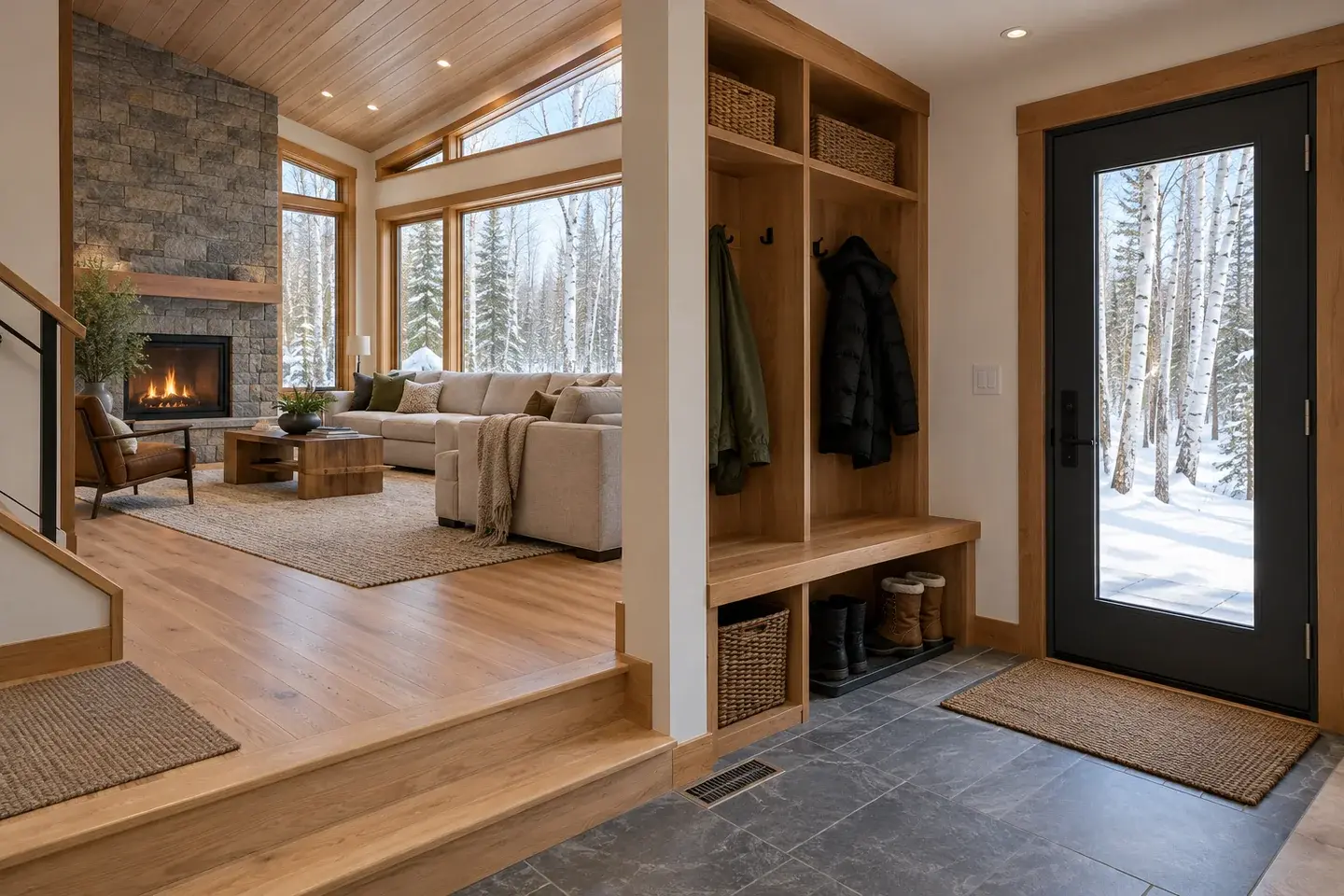 Concept illustration of a northern home's insulated entry, coat storage, and adjoining living room.