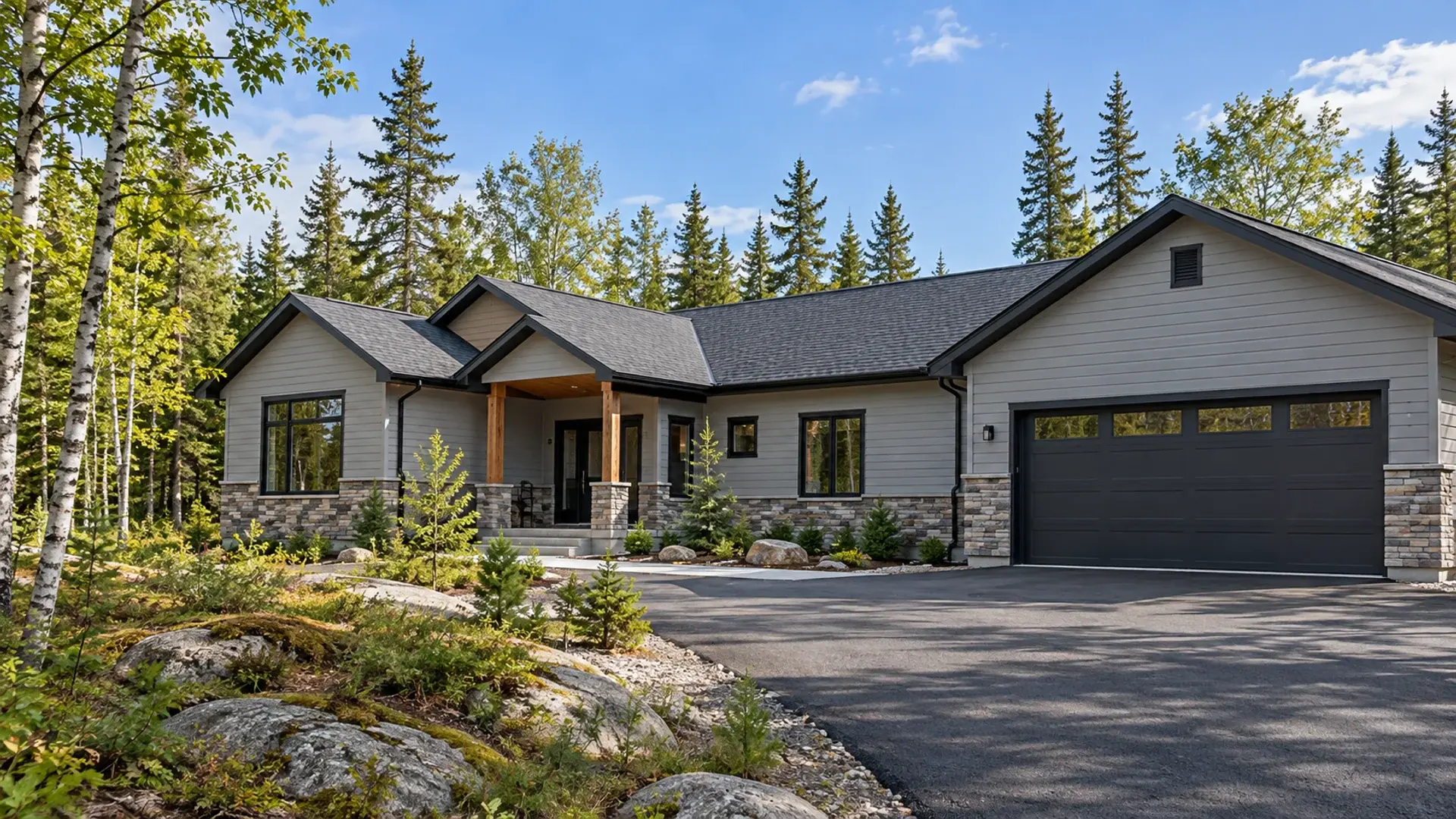 Concept illustration of a Northern Ontario custom bungalow with pitched roofs, stone and siding, a sheltered timber entrance, and an attached garage near Timmins.