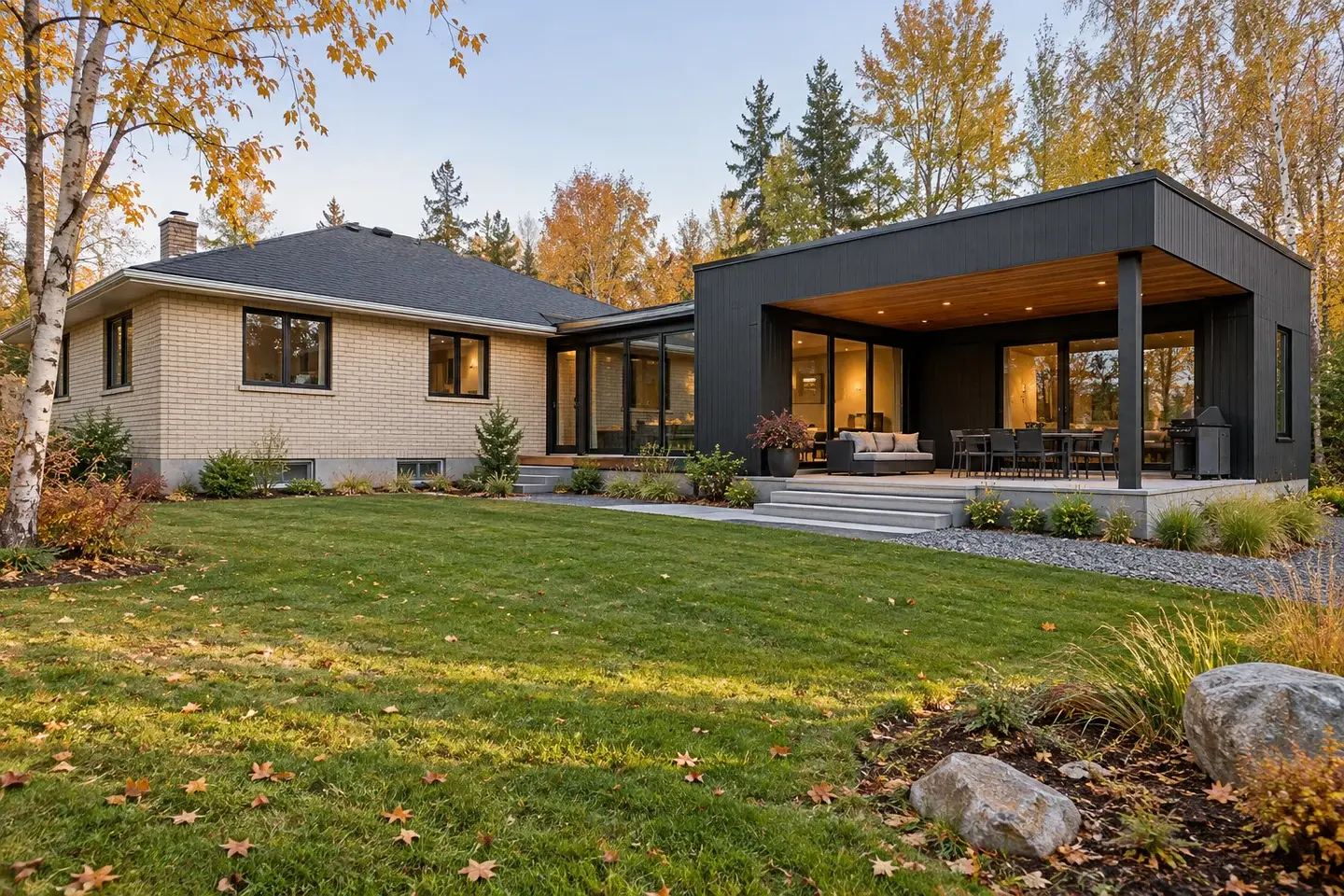 Concept illustration of a cream brick bungalow connected to a contemporary addition and covered patio near Timmins.