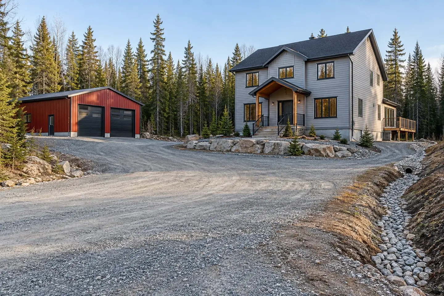 Concept illustration of a northern home's gravel turning court, separate workshop, and graded drainage swale.