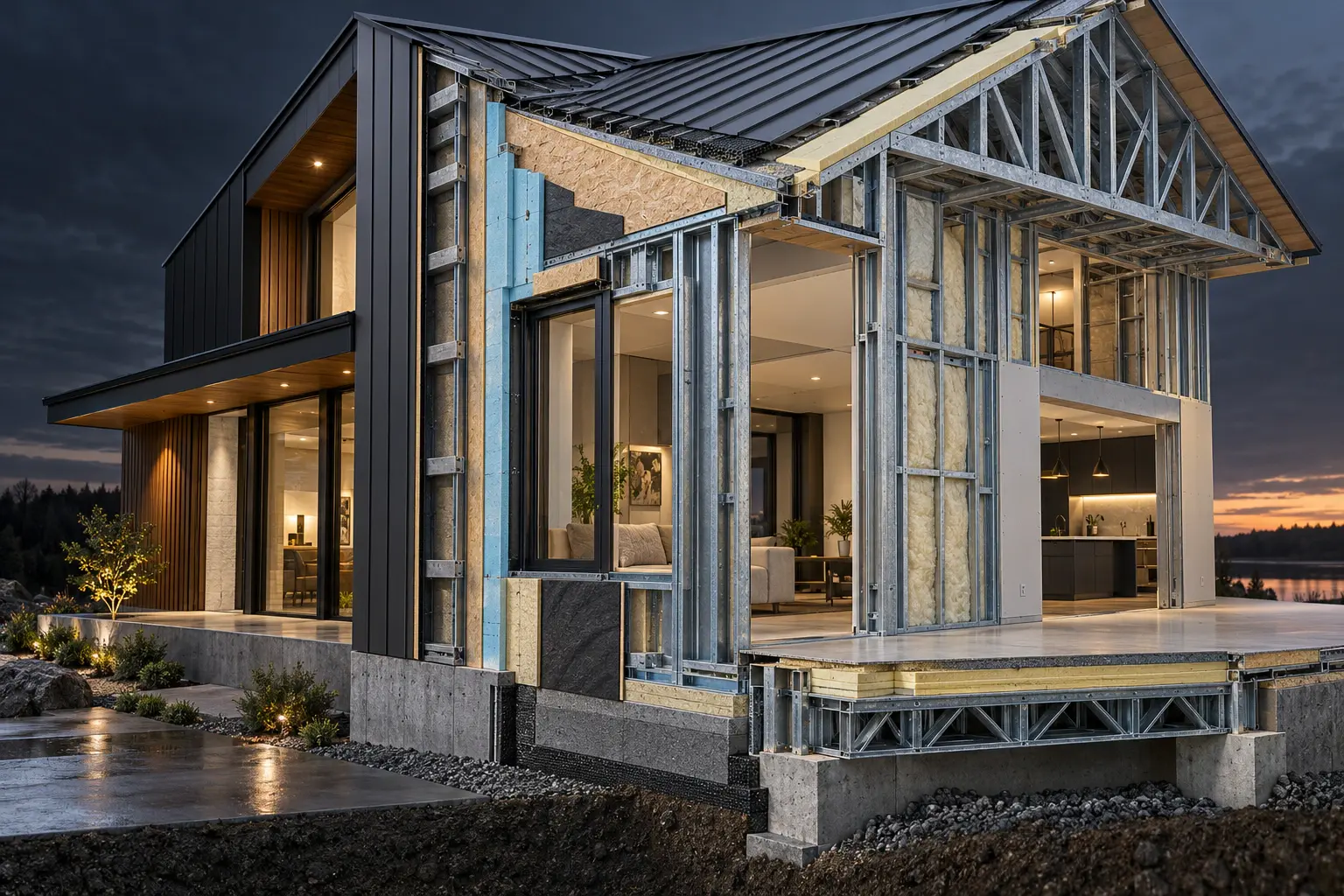 Steel framed home envelope strategy cutaway visual.