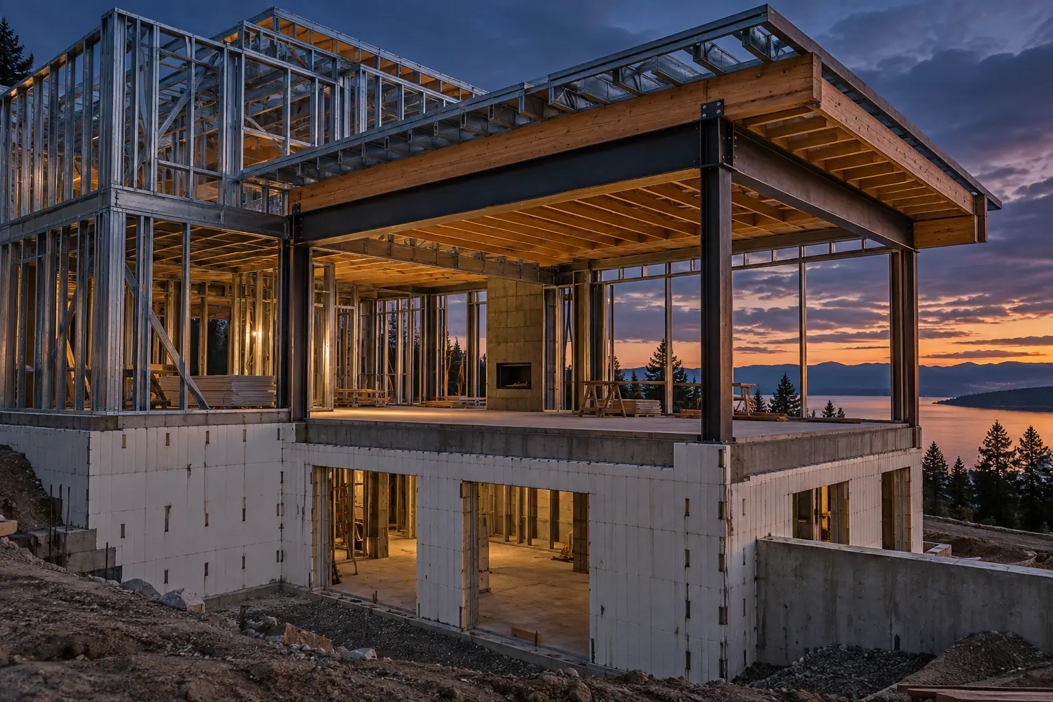 Hybrid custom home structure using ICF steel and engineered wood.