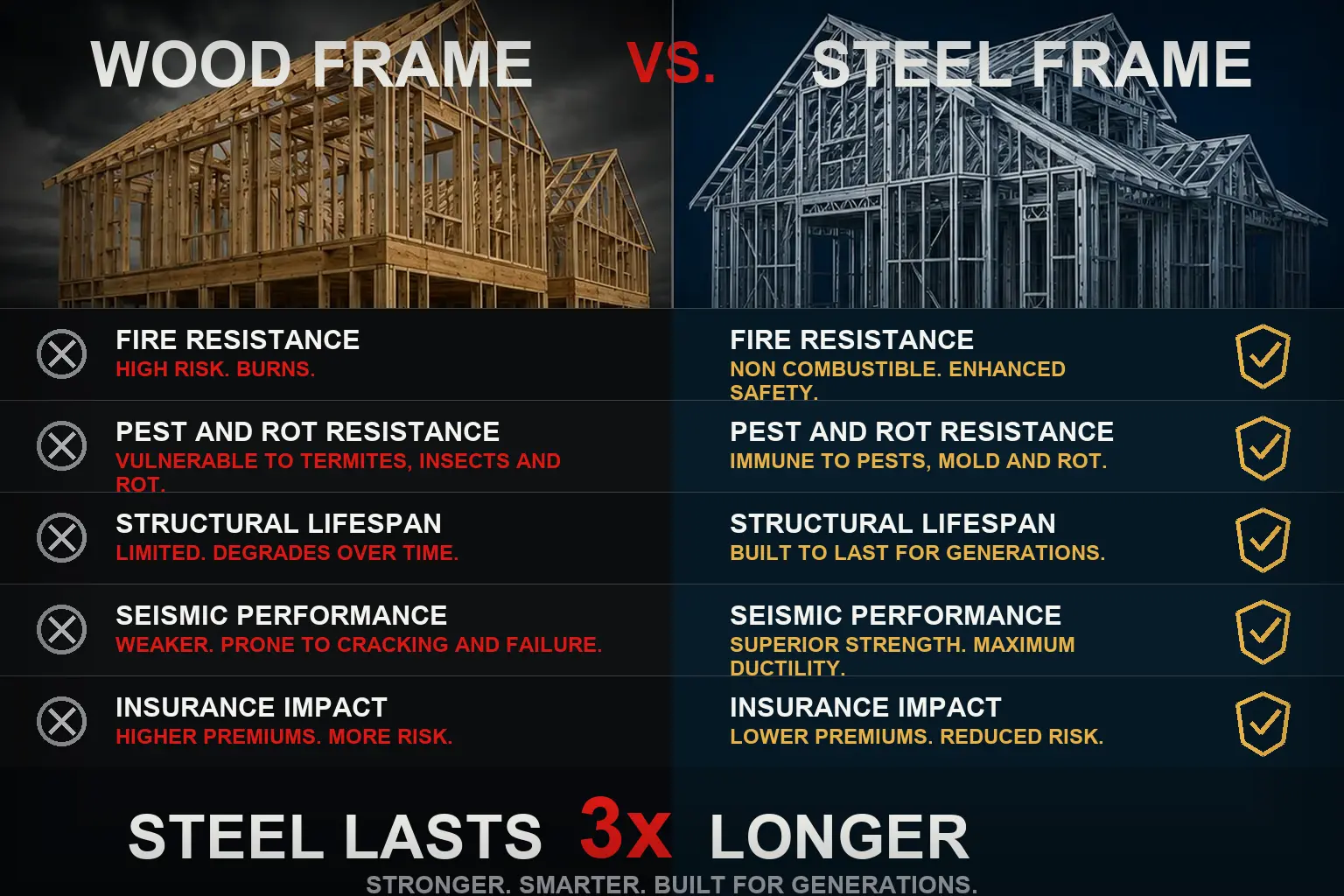 Wood frame versus steel frame comparison visual.