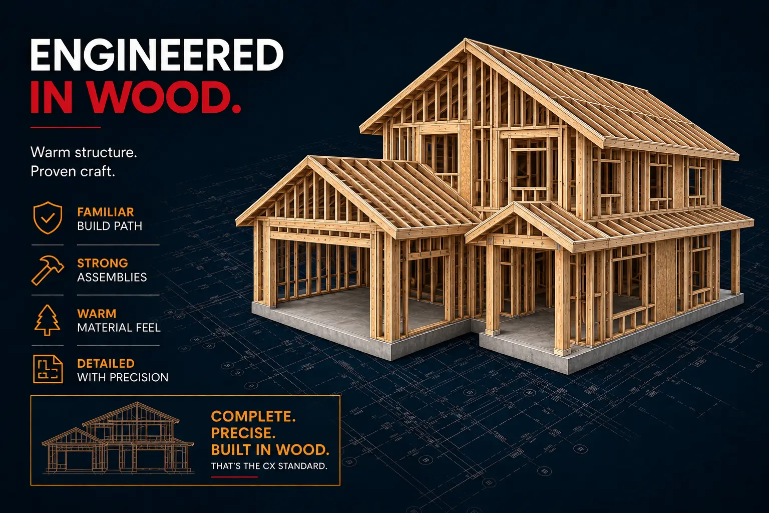 Wood framed custom home construction visual.