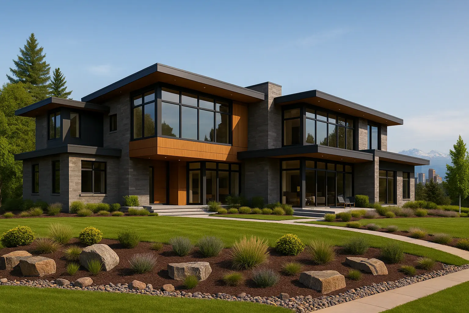 Contemporary custom home with a stone and timber exterior.