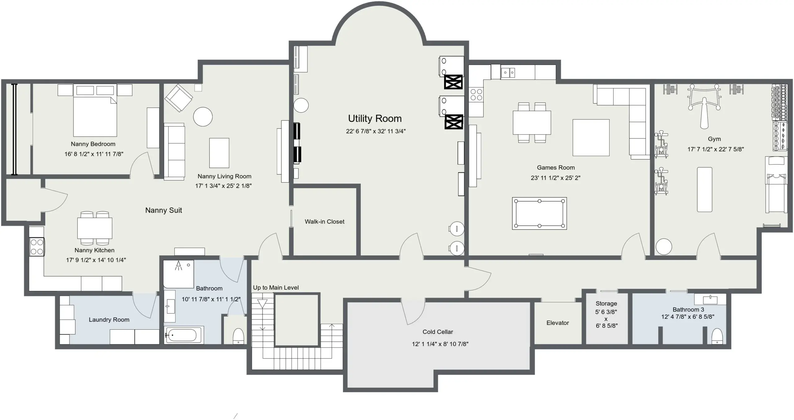Lower level reference showing support spaces, circulation, and additional program areas for early planning.