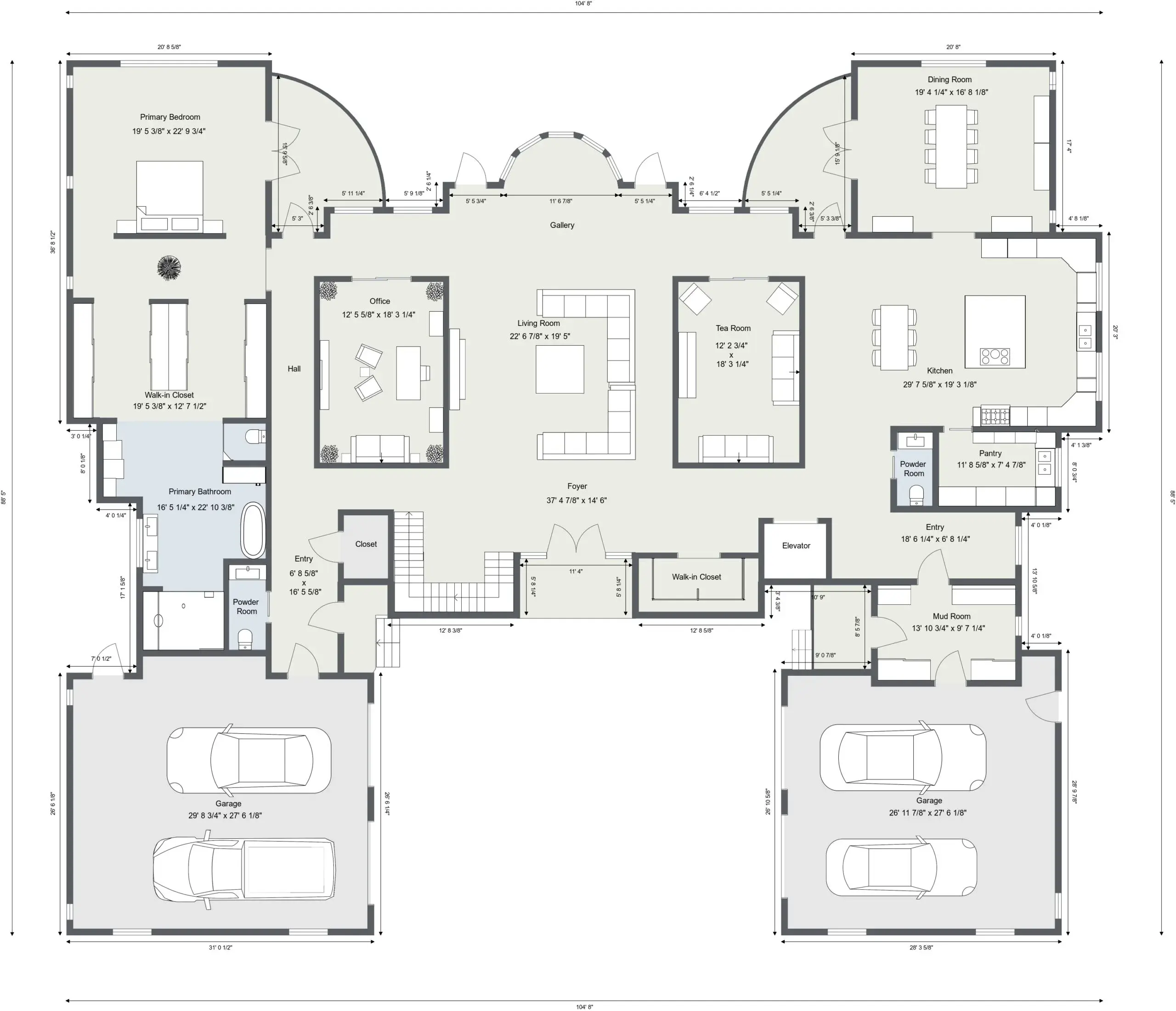 Main level reference showing arrival, shared living, service areas, garage access, and daily circulation.