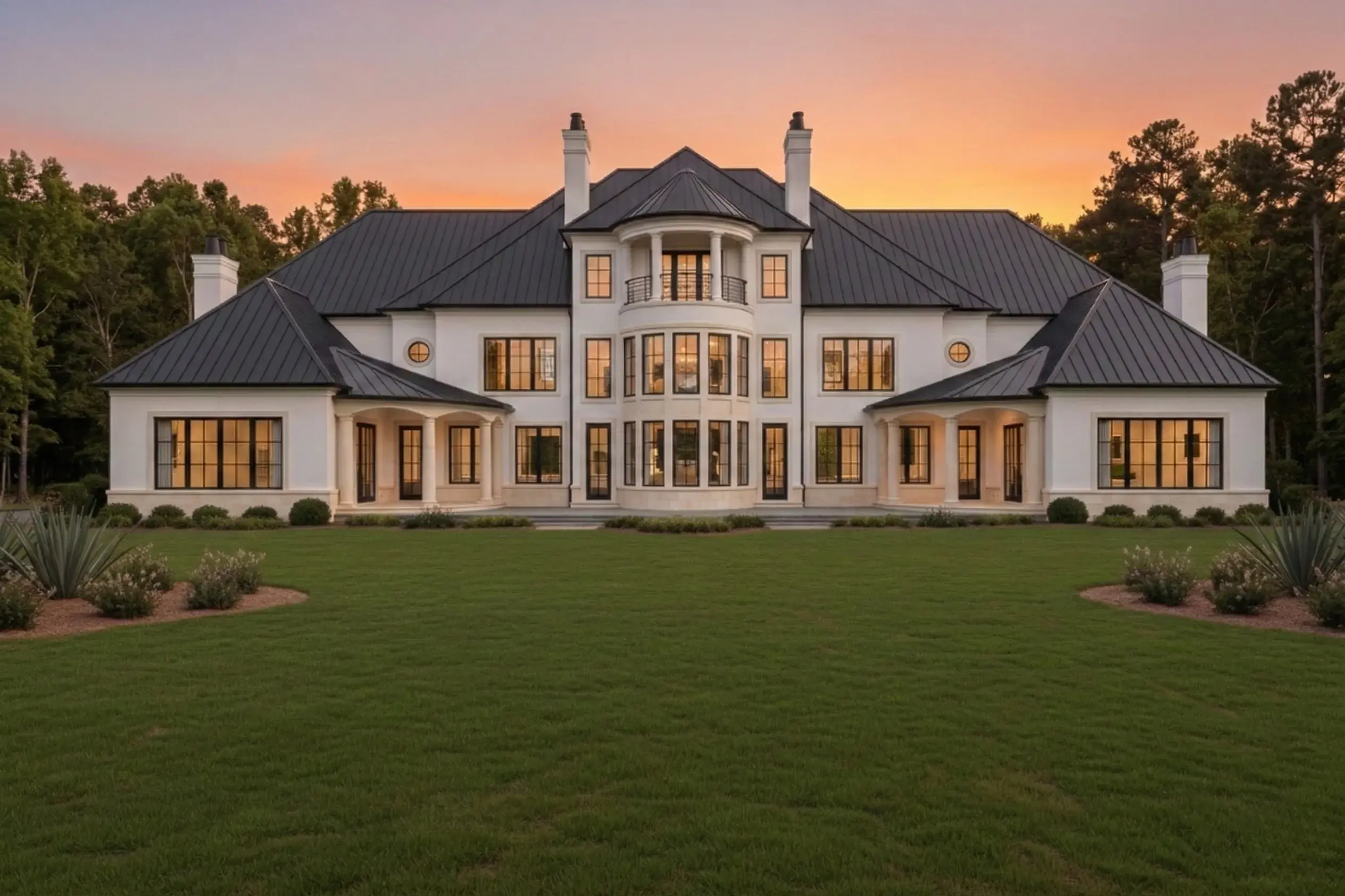 Broad glazing, layered rooflines, and outdoor connection shape the rear elevation. This view shows how the home opens toward landscape and private living.