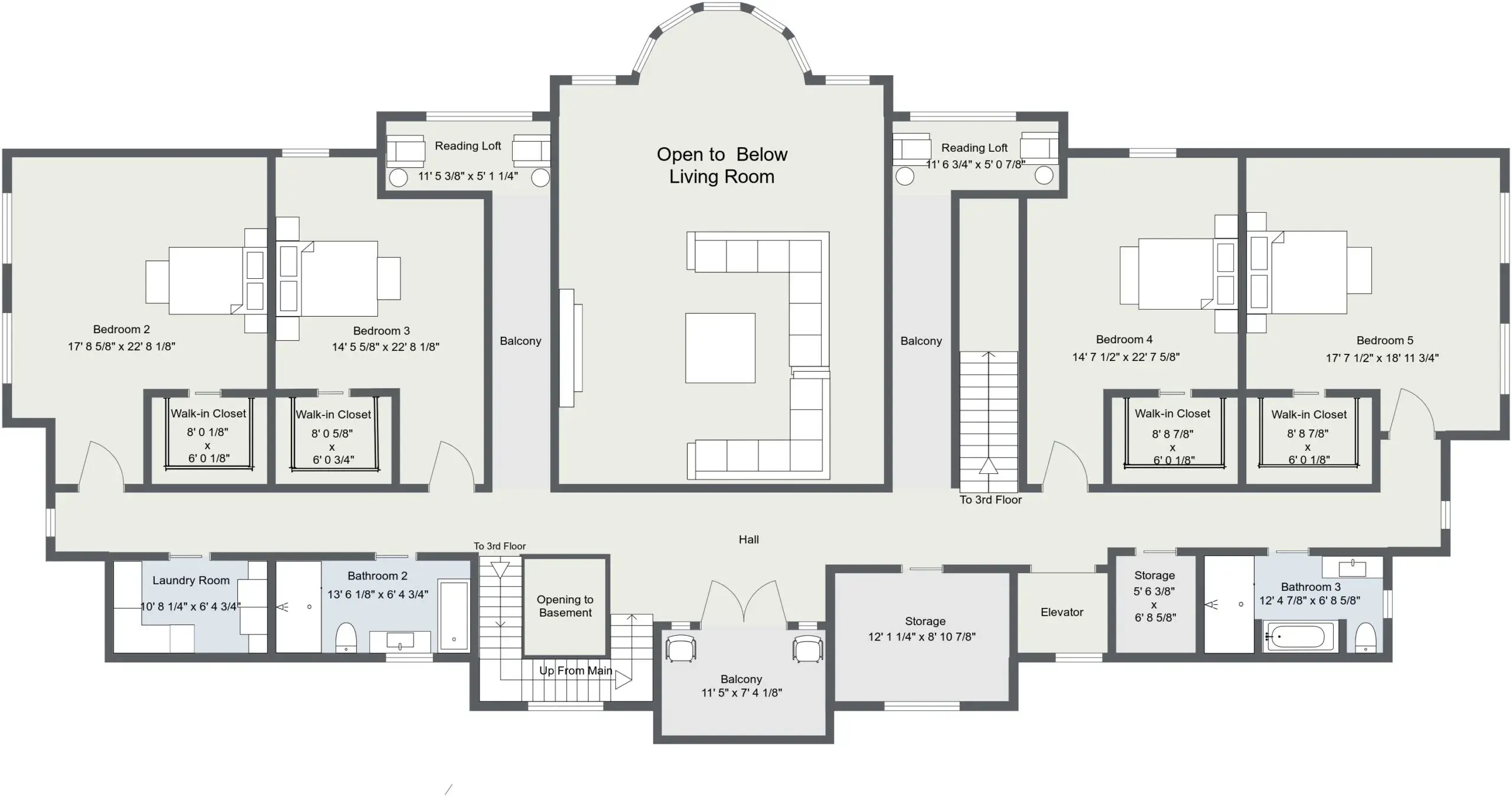 Upper level reference showing bedroom placement, retreat areas, and the relationship between private suites.