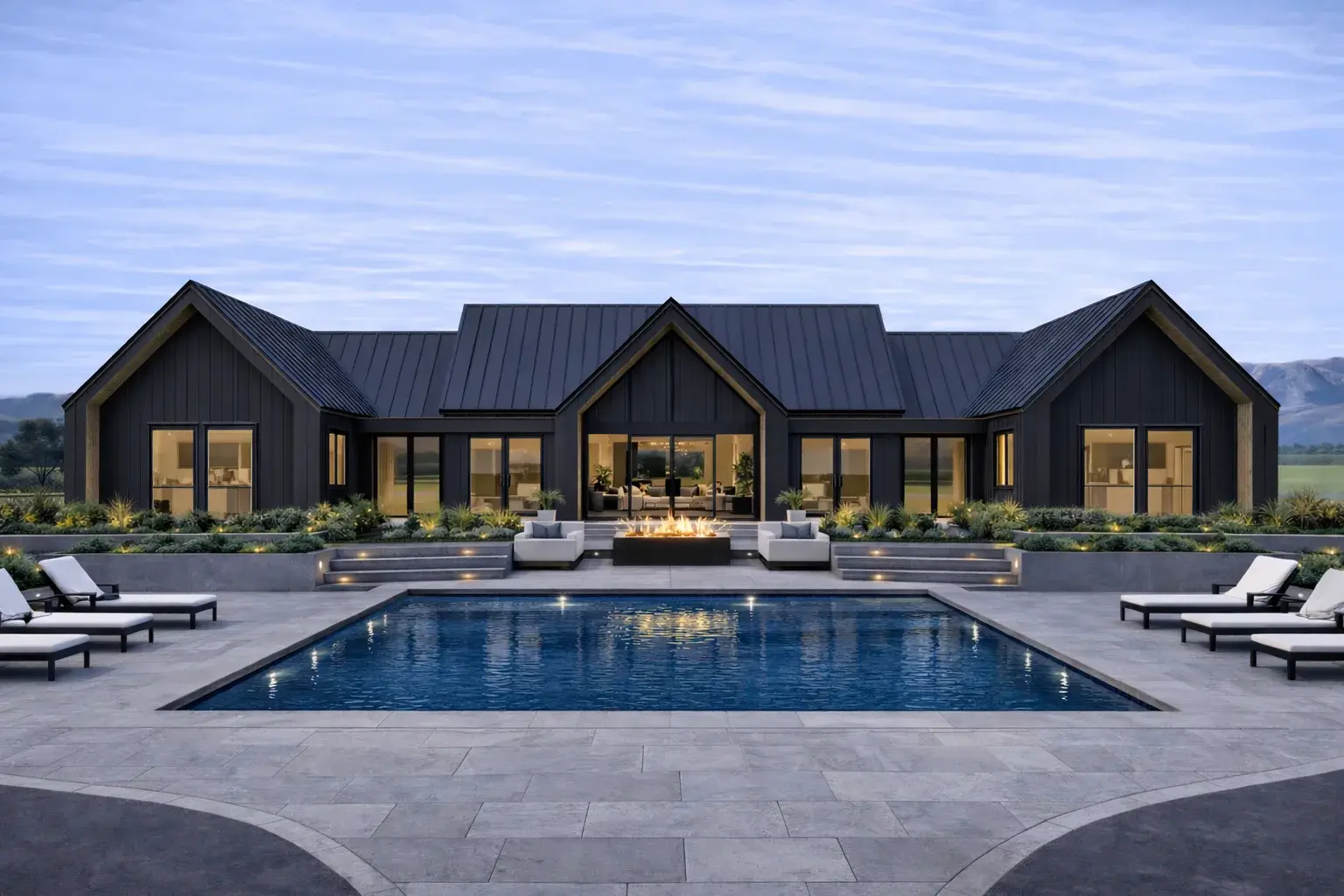 Scandinavian Modern rear elevation showing glazing, outdoor living potential, and the private side of the design.
