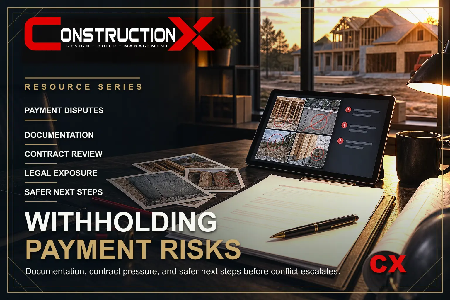 ConstructionX article illustration: Withholding Payment from a Builder: Risks, Documentation, and Safer Next Steps.